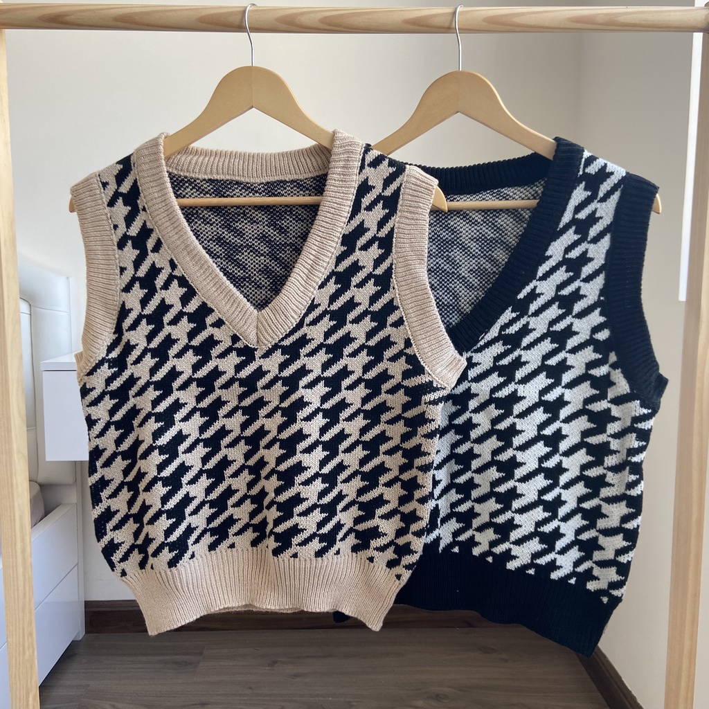 Áo len gile họa tiết houndstooth freesize dưới 55kg