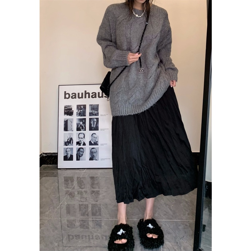 Chân Váy Dài Dáng Rộng Lưng Cao Xếp Ly Màu Trơn Thời Trang Hàn Quốc Xinh Xắn Cho Nữ