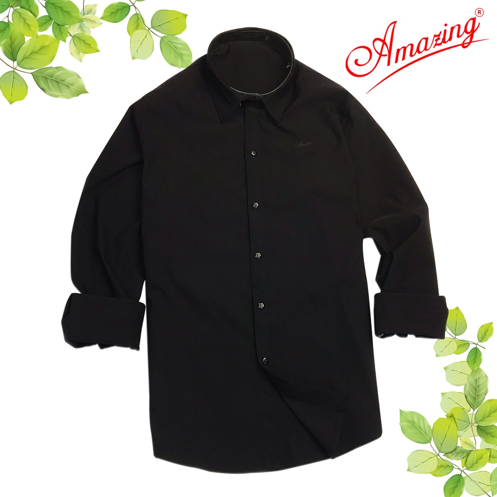 Áo sơ mi nam màu đen, phong cách Hàn, form body fit, chất liệu KT thun co giãn, hiệu Amazing