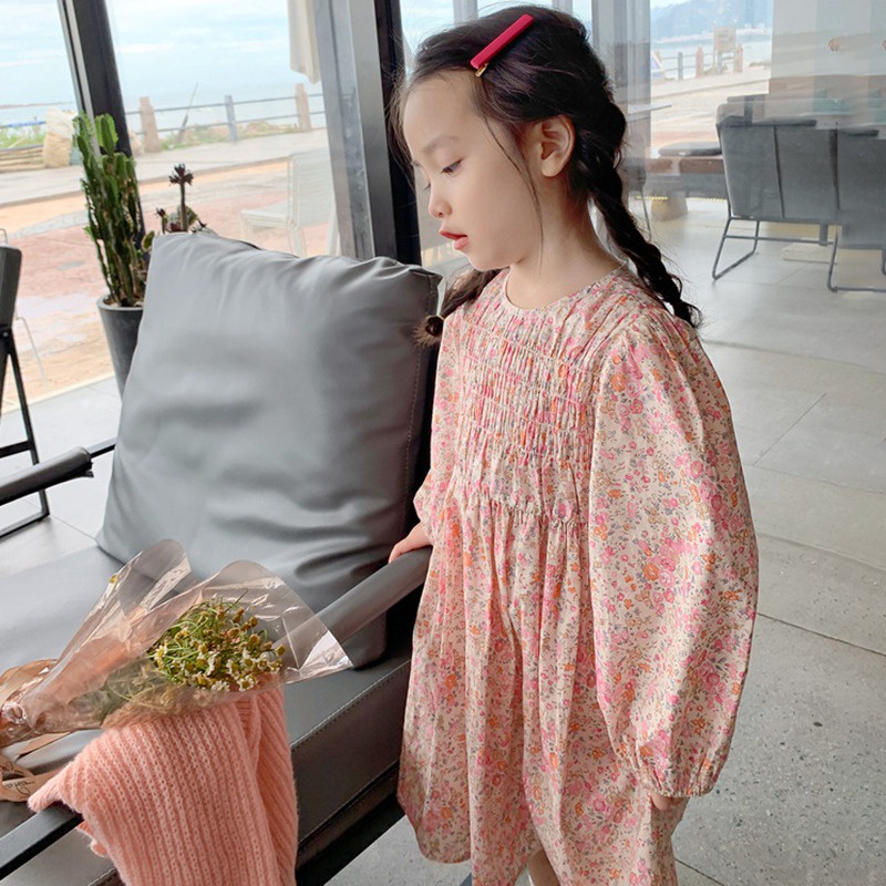 Đầm dài tay in hoa phong cách Hàn Quốc thời trang dành cho bé gái