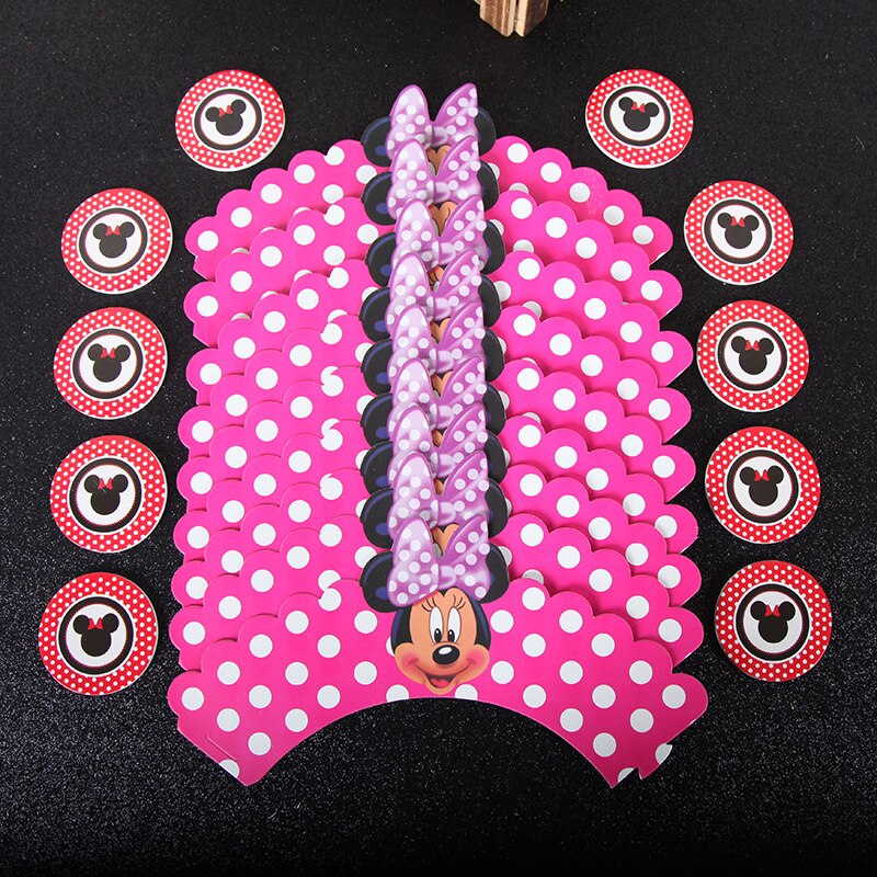 Set 12 giấy gói bánh hình chuột Minnie kèm 12 phụ kiện trang trí tiệc sinh nhật cho bé