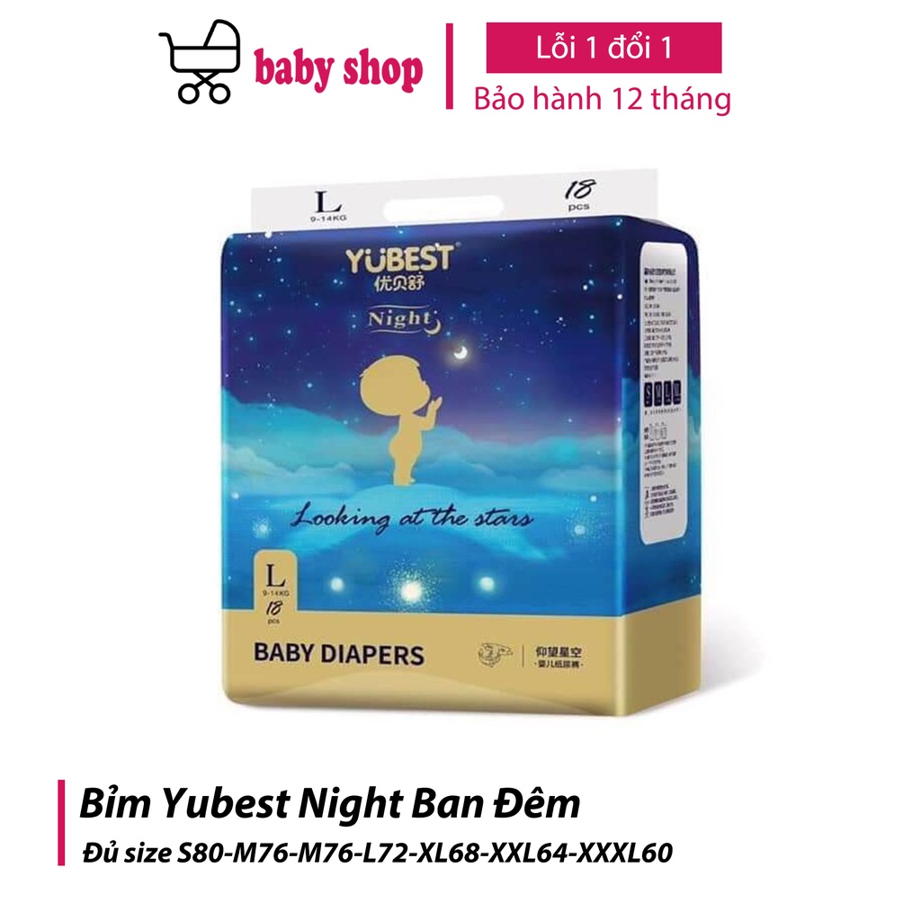 Bỉm Yubest Night Ban Đêm Dán/Quần Siêu Thấm Hút Đủ Size S80-M76-M76-L72-XL68-XXL64-XXXL60