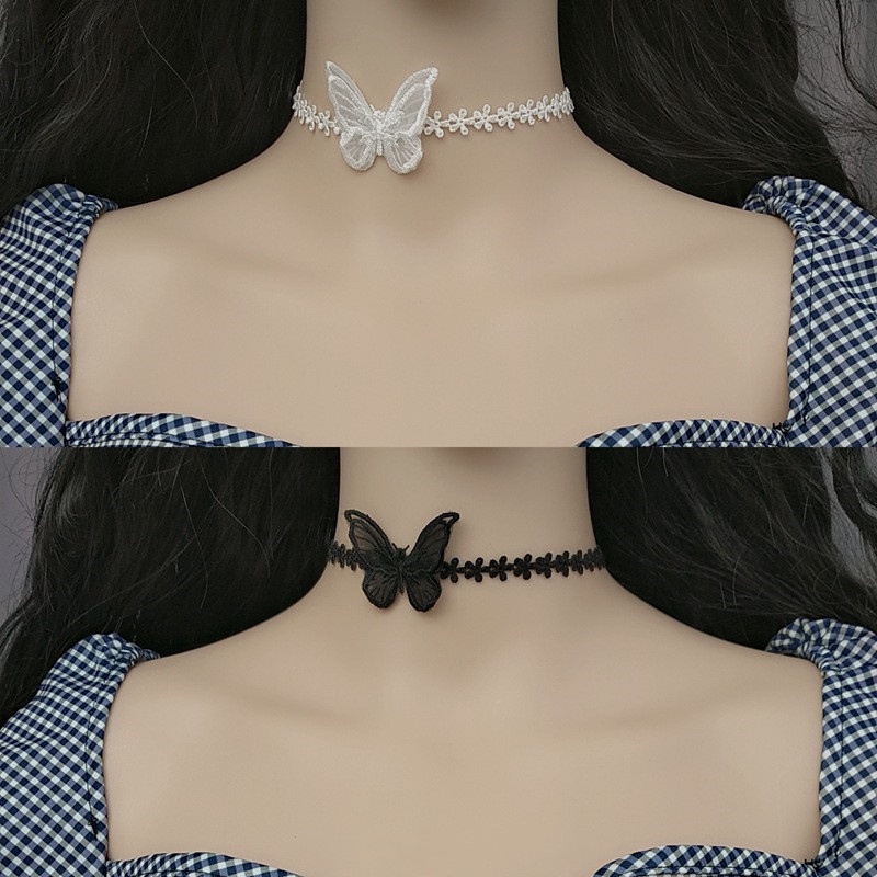 Vòng Cổ Choker Ren Mặt Bướm Màu Trắng/Đen Phong Cách Hàn Quốc