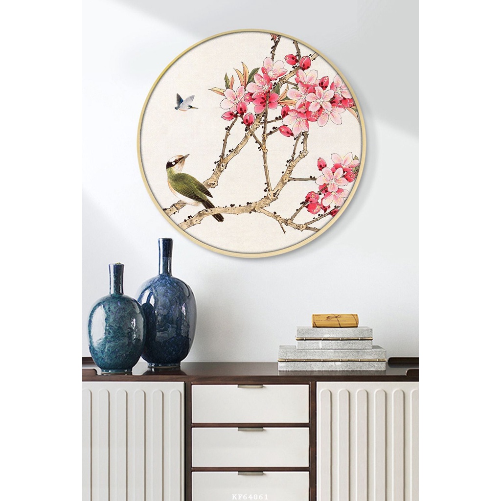 Tranh Chim và Hoa Đào mẫu KF64061TP tranh Tráng Gương hoặc Vải Canvas - Tranh tròn treo tường trang trí thuận phát