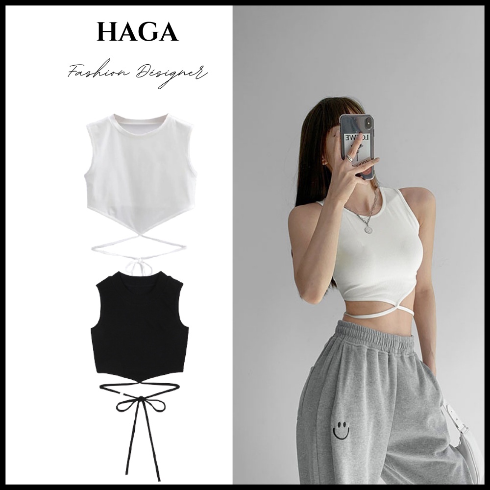 Áo ba lỗ nữ buộc eo HAGA áo sát nách nữ croptop cổ tròn dây buộc nơ lưng ASNBE12