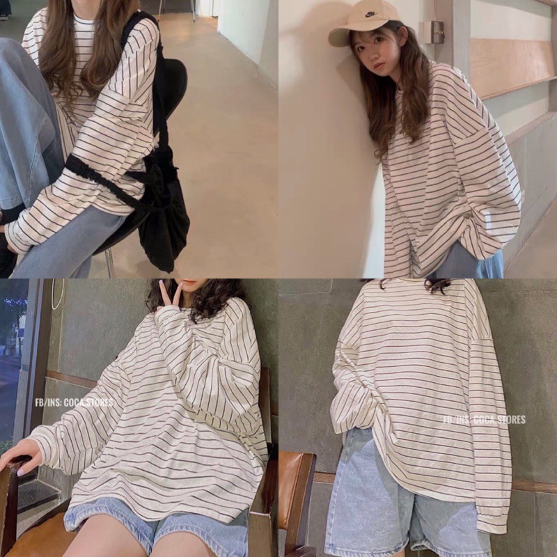 Áo phông POCA SHIRT tay dài from rộng chất vải cotton mát - áo thun kẻ from oversize