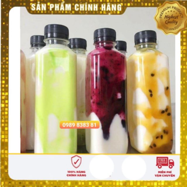 Combo 100 chai nhựa vuông  350ml nắp đen đựng sữa chua, nước ép, detox