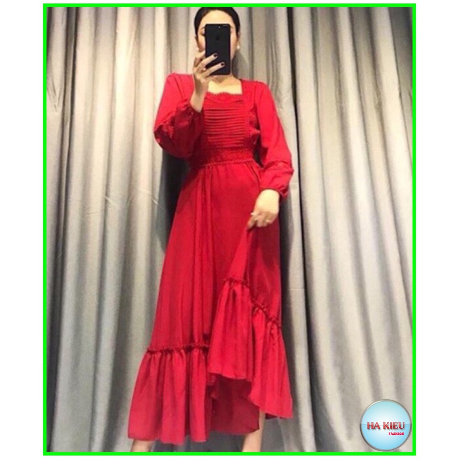 Đầm váy nữ maxi💗Hàng cao cấp💗dự tiệc ngực xếp ly tay dài phối ren chất Lụa siêu xinh | BigBuy360 - bigbuy360.vn