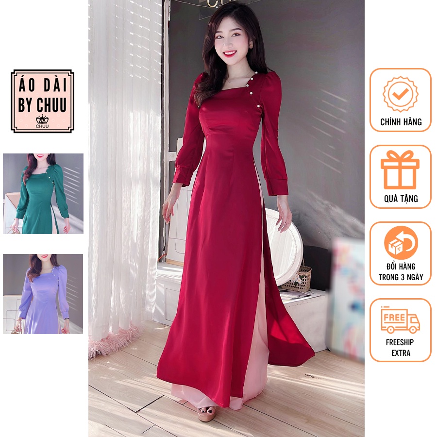 Áo dài nữ cách tân cổ vuông đính nút bọc không kèm quần CHUU AD8025