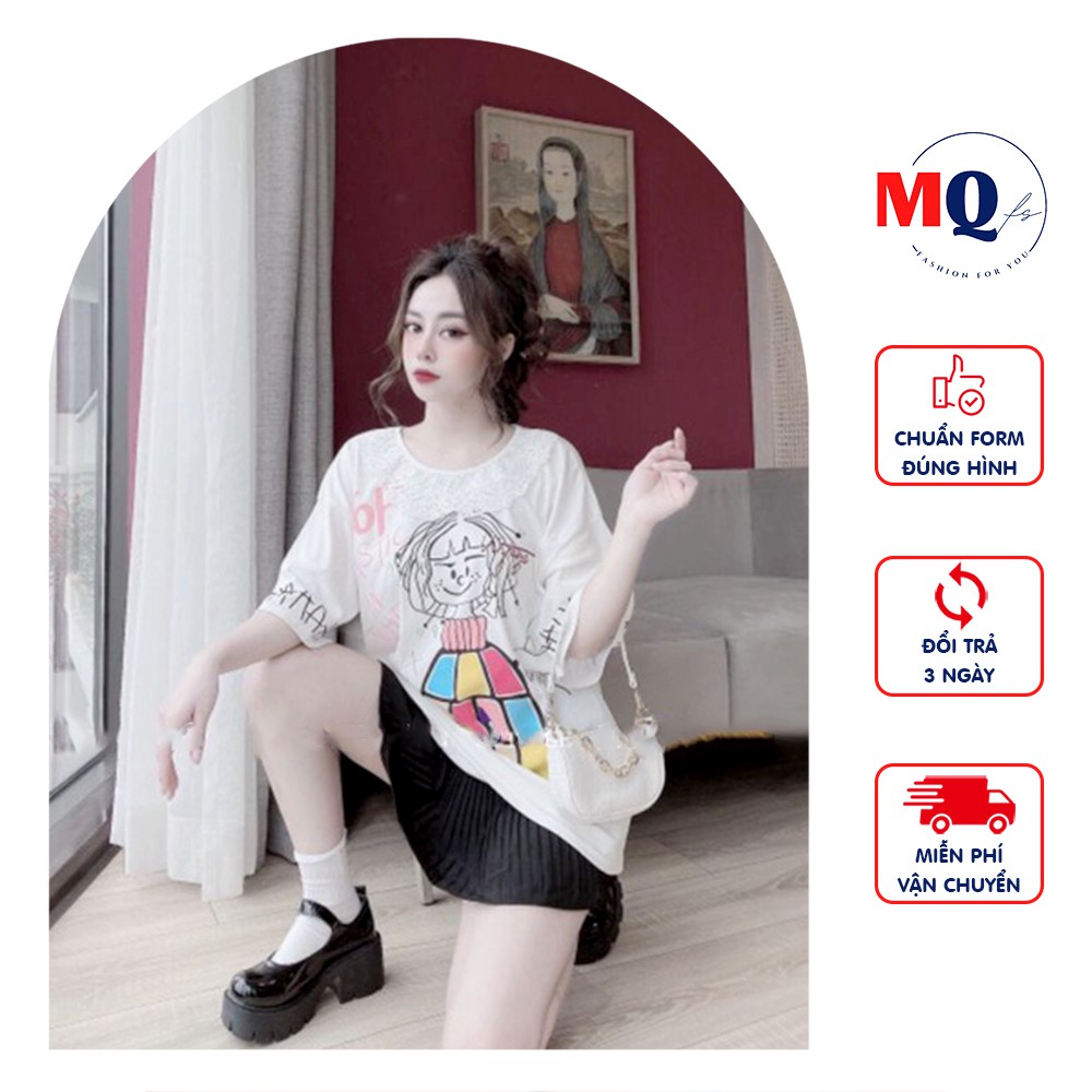 Áo thun nữ phối ren cổ MQ CLOTHING phông cotton mềm mại in hình dễ thương form rộng oversize