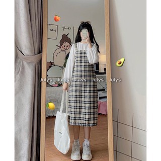 Set yếm kẻ babydoll kèm áo tay bồng dáng dài ulzzang dưới 60kg - Lyza Store | BigBuy360 - bigbuy360.vn