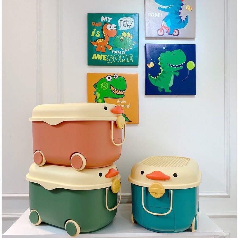 Thùng Đựng Đồ Chơi, Hộp Đựng Đồ Dùng Cho Bé Hình Heo Có Bánh Xe, Nắp Có Thể Chơi Xếp Hình