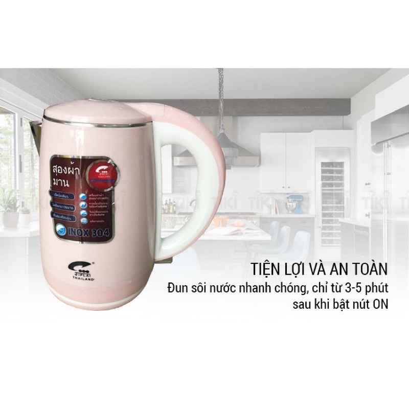 Bình đun siêu tốc Thái Lan JL 304 - Ấm siêu tốc 2.5L chống giật tự ngắt 2 lớp inox và nhựa