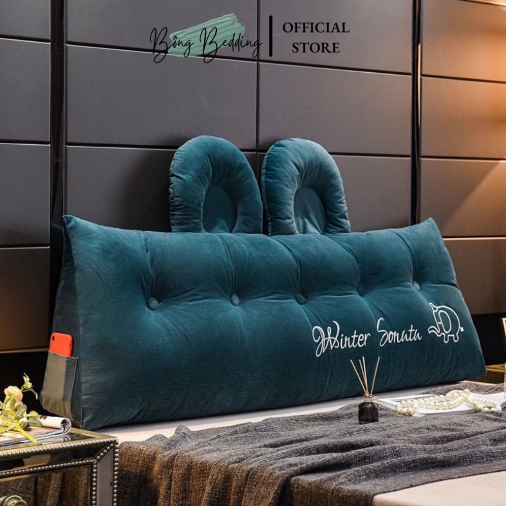 Gối Tựa Đầu Giường HIN BEDDING Mẫu Tai Gấu Đính Khuy Bọc Nỉ Cao Cấp Hàng Có Sẵn Kích Thước 1m5 và 1m8 cao 55cm