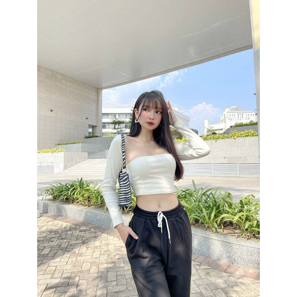 Áo Croptop Thun Gân Tay Dài Cổ Chữ Vuông Màu Đen Màu Trắng Thời Trang Trendy Cho Nữ SUGARBOMB.MODE