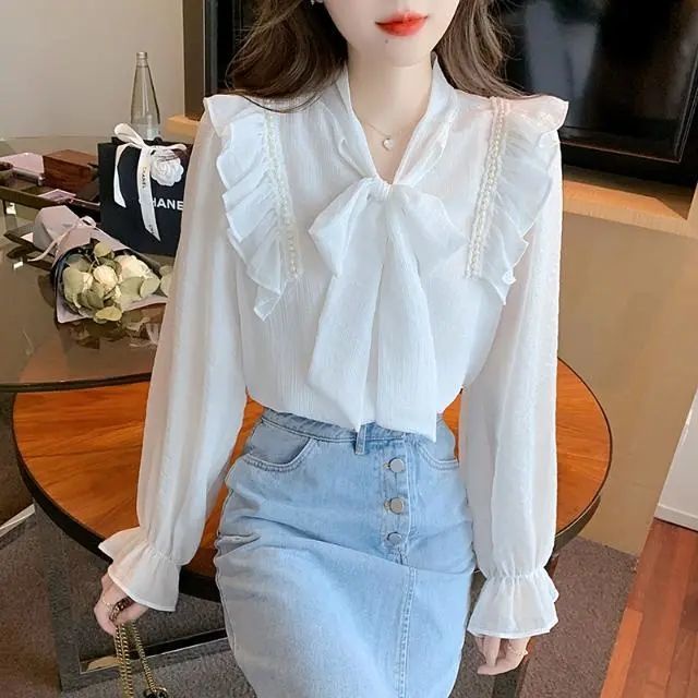 Áo Sơ Mi Voan Đính Nơ Ngọc Trai Thời Trang Mùa Xuân Dành Cho Nữ