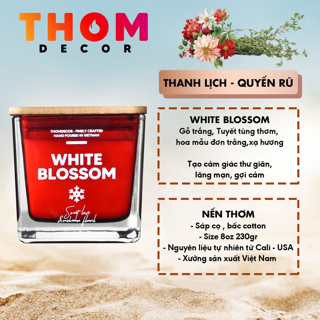 230gr, Nến thơm phòng sáp thơm cao cấp 100% thiên nhiên, Vietnam sceted candle cup - WHITE BLOSSOM 8oz - THƠM DECOR