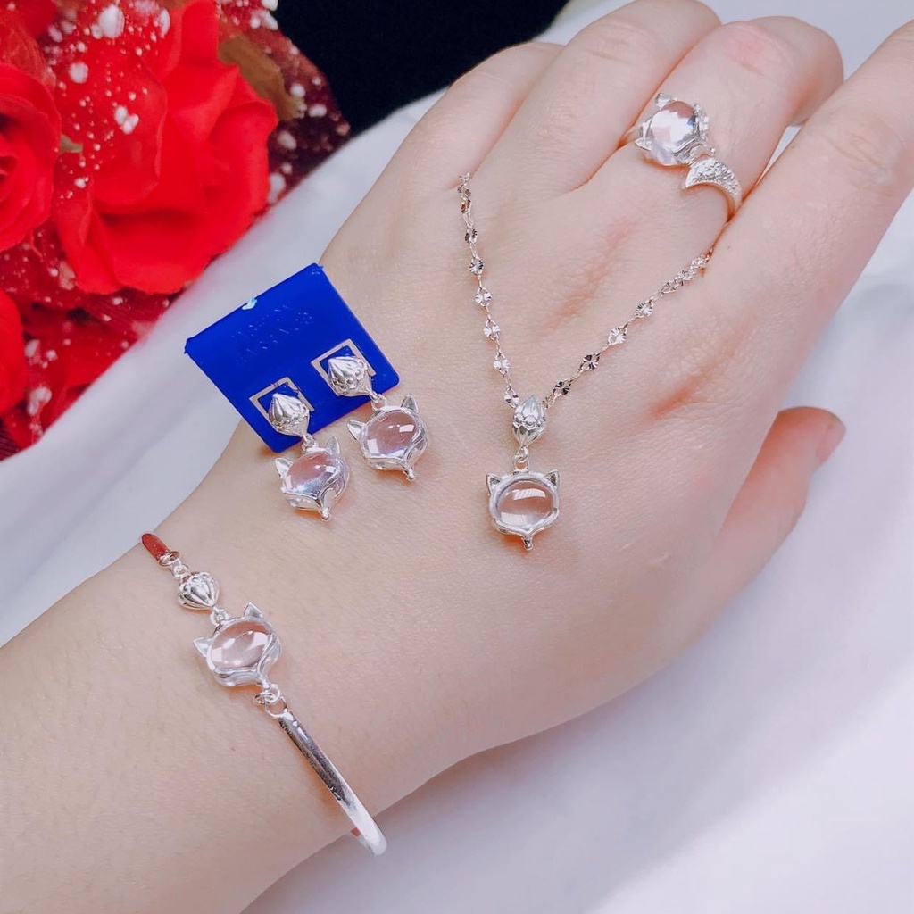 Bộ trang sức bạc ta mặt hồ ly gắn đá màu gồm Dây chuyền, Lắc tay,Bông tai và Nhẫn