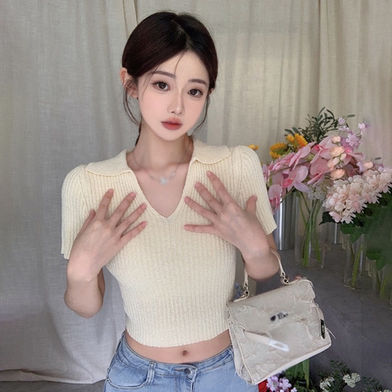 Áo Croptop Màu Trơn Cổ Bẻ Thời Trang Mùa Hè Cho Nữ