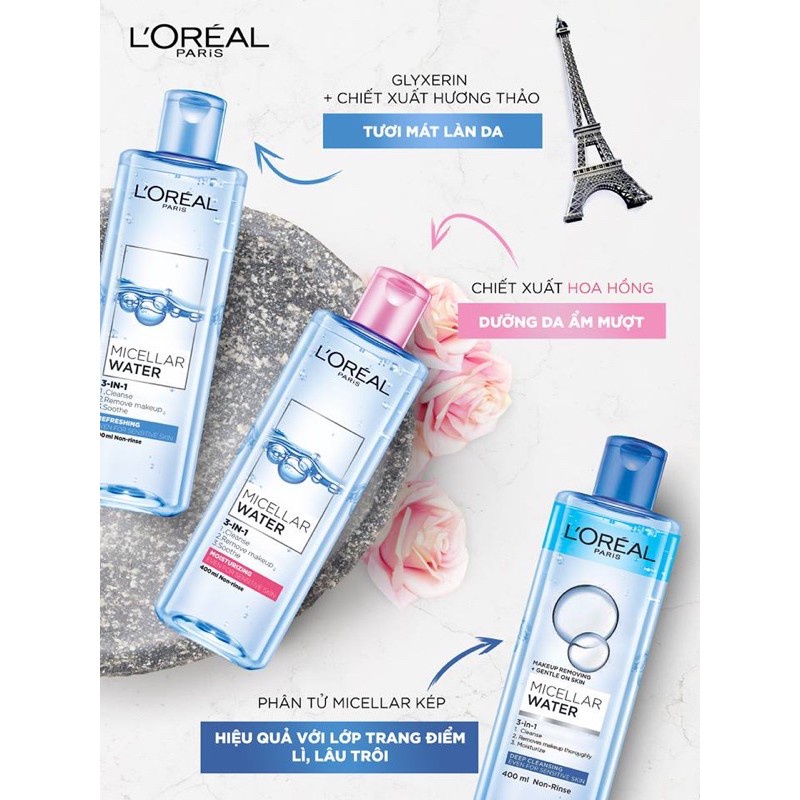 Nước Tẩy Trang Làm Sạch Sâu, Dưỡng Ẩm Cho Mọi Loại Da L'oreal 3-in-1 Micellar Water 400ml