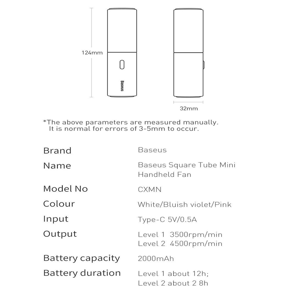 Quạt cầm tay mini Baseus Square Tube Mini Handheld Fan (8h sử dụng, 2000mAh)