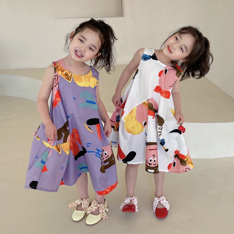 Đầm Công Chúa Sát Nách Cổ Tròn In Họa Tiết Hoạt Hình Kiểu Hàn Quốc Thời Trang Mùa Hè Cho Bé