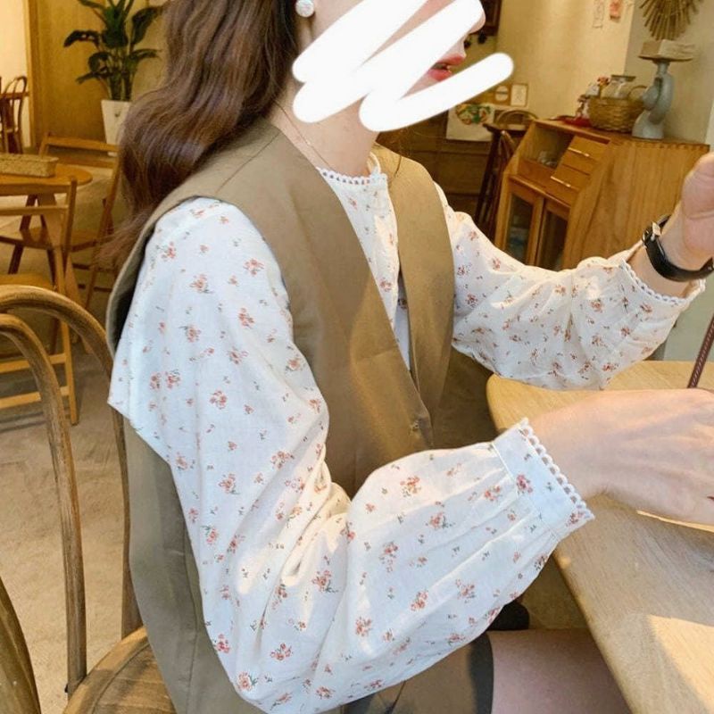 Áo Sơ Mi Nữ Tay Dài Hoa Nhí Cổ Tròn Dễ Thương Ulzzang