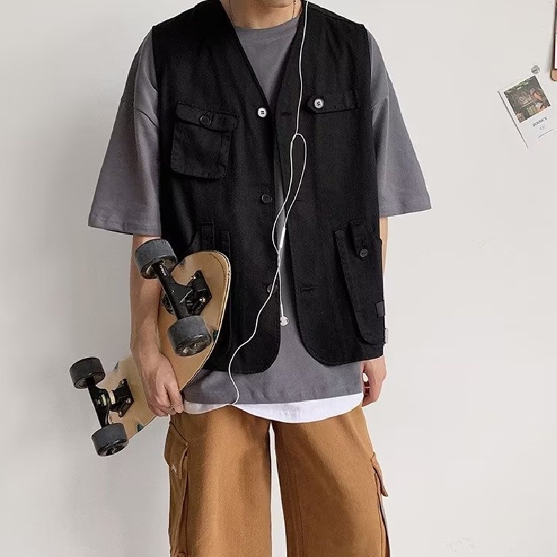 Áo Ba Lỗ Dáng Rộng Thoải Mái Nhiều Túi Phong Cách Hip Hop Đường Phố Hàn Quốc Cho Nam Cỡ M-2XL