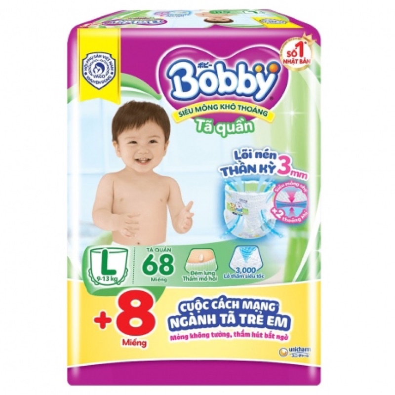 [ Tặng 8 Miếng ] Tã Quần Bobby Size L - 68 Miếng