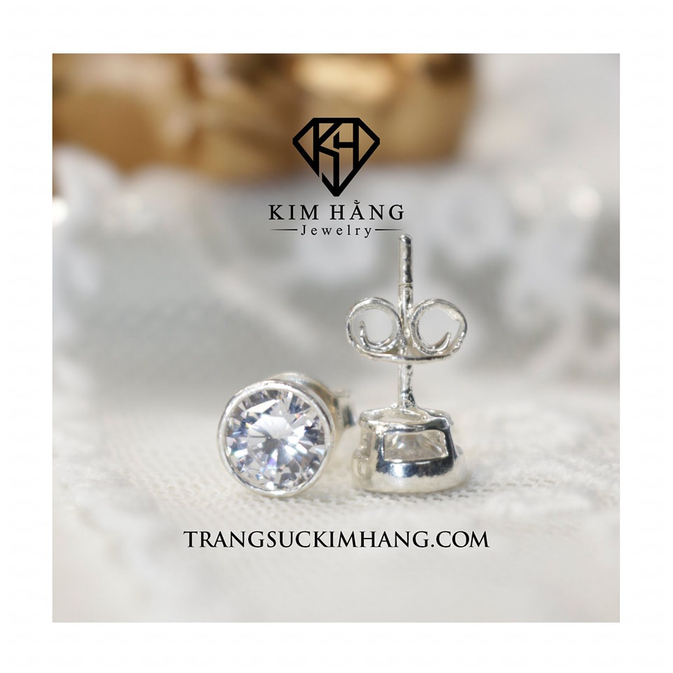 Khuyên Tai Bạc Bao Chấu Nụ Tròn Đá Trắng KHJER070 - Chốt Đẩy