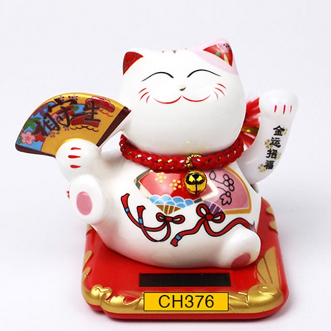 Mèo thần tài vẫy tay năng lượng mặt trời bằng sứ 10cm CH37 mèo may mắn Manekineko