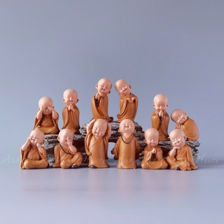 ( Hàng có sẵn) Bộ 12 chú tiểu áo nâu yêu đời trang trí nhà cửa, ôtô