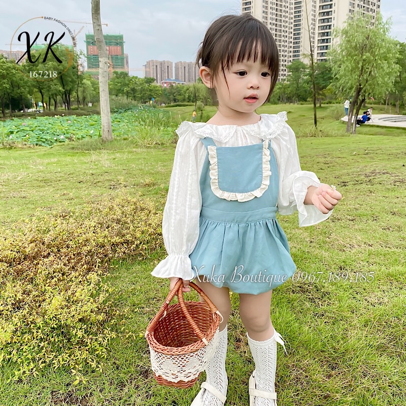 Set yếm vải kèm áo sơ mi trắng Bé Gái cổ tròn Soft Cotton Cao Cấp Sz 80/90/100/110 ( Ảnh thật)