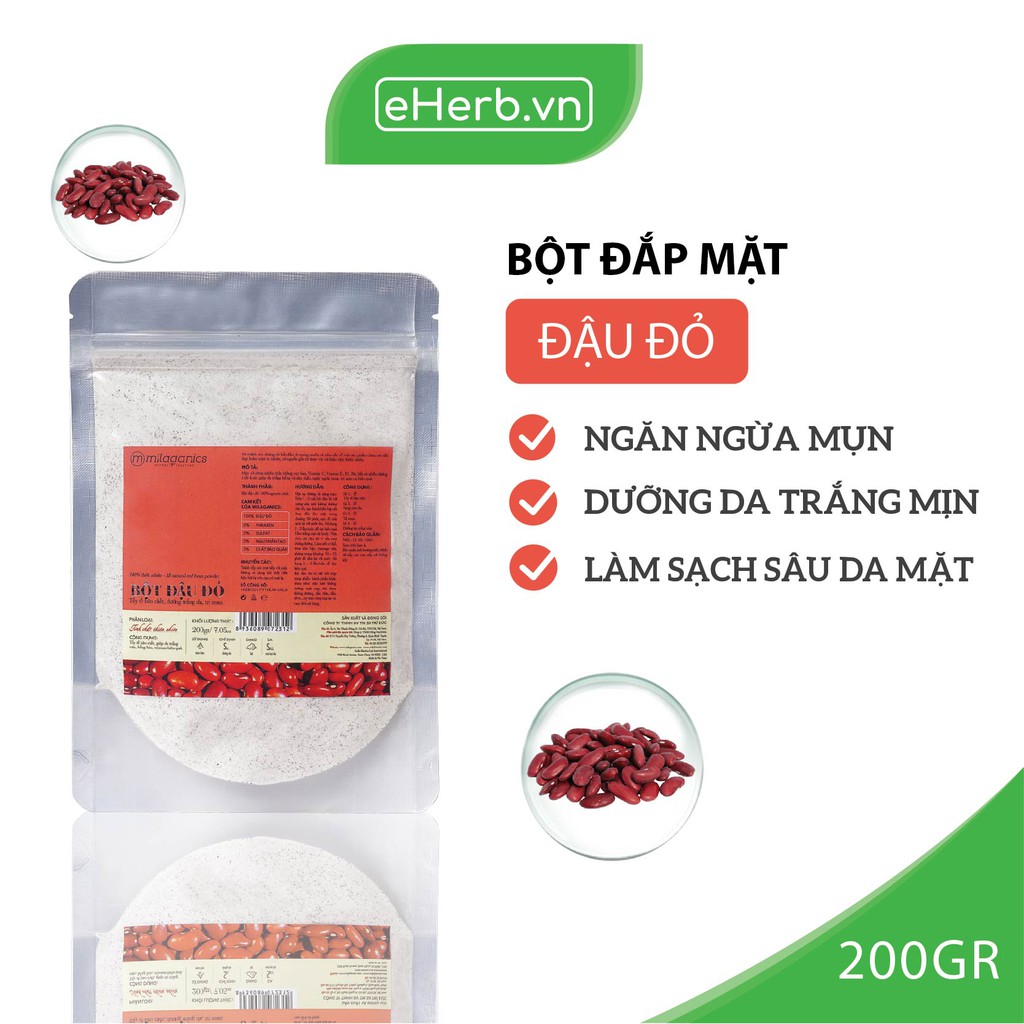 Bột Đậu Đỏ Nguyên Chất Đắp Mặt Nạ Ngăn Ngừa Mụn, Dưỡng Da Trắng Mịn MILAGANICS 200g (Túi Zip)