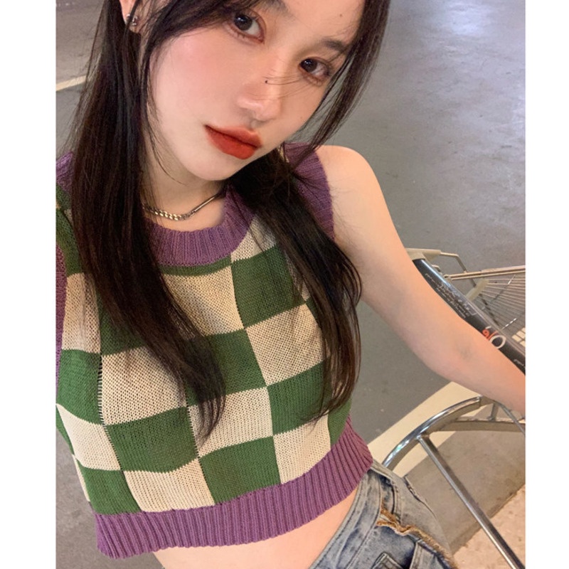 Áo Sweater Không Tay Họa Tiết Sọc Caro Màu Sắc Phong Cách Retro Hàn Quốc