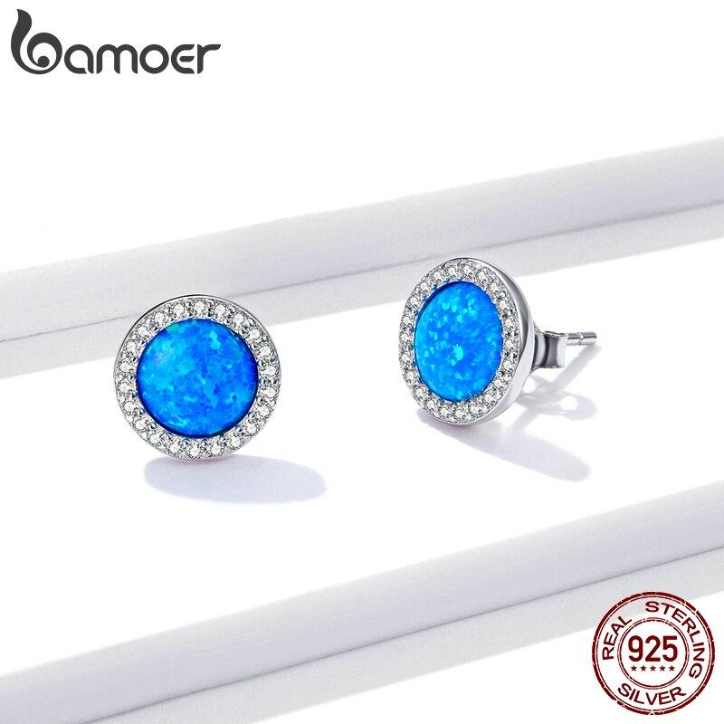 Khuyên Tai Bamoer Bse467 Bạc Thật 925 Đính Đá Opal Cz Tròn Xanh Lam Thời Trang Cưới Cho Nữ