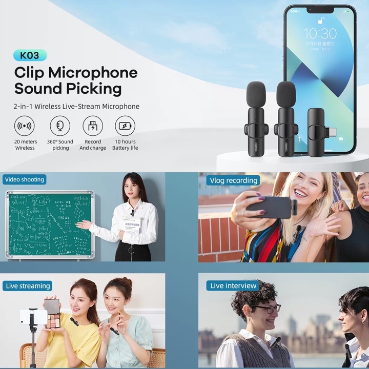 Bộ 2 Microphone Live-Stream không dây Remax K03 cổng LN / TypeC  - Hãng phân phối chính thức