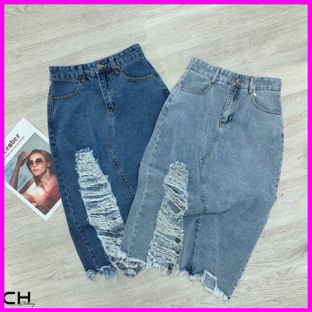 -- CHÂN VÁY BÒ🍀Chân váy jean dài mài rách cạp cao chuẩn phom dáng🍀Free ship