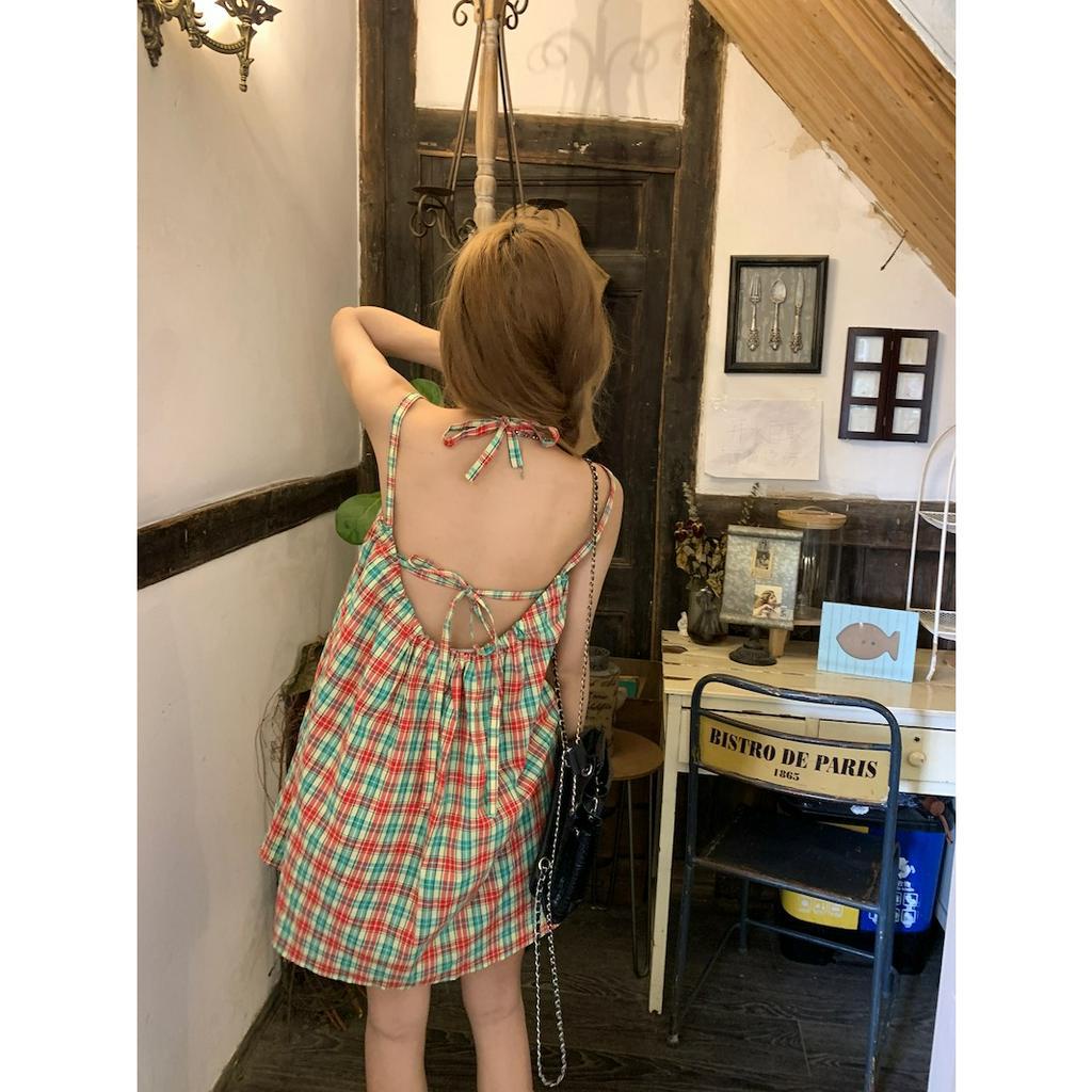 Porozi Đầm Hai Dây Hở Lưng Họa Tiết Sọc Caro Dễ Thương Phong Cách Hàn Quốc Cho Bé Gái