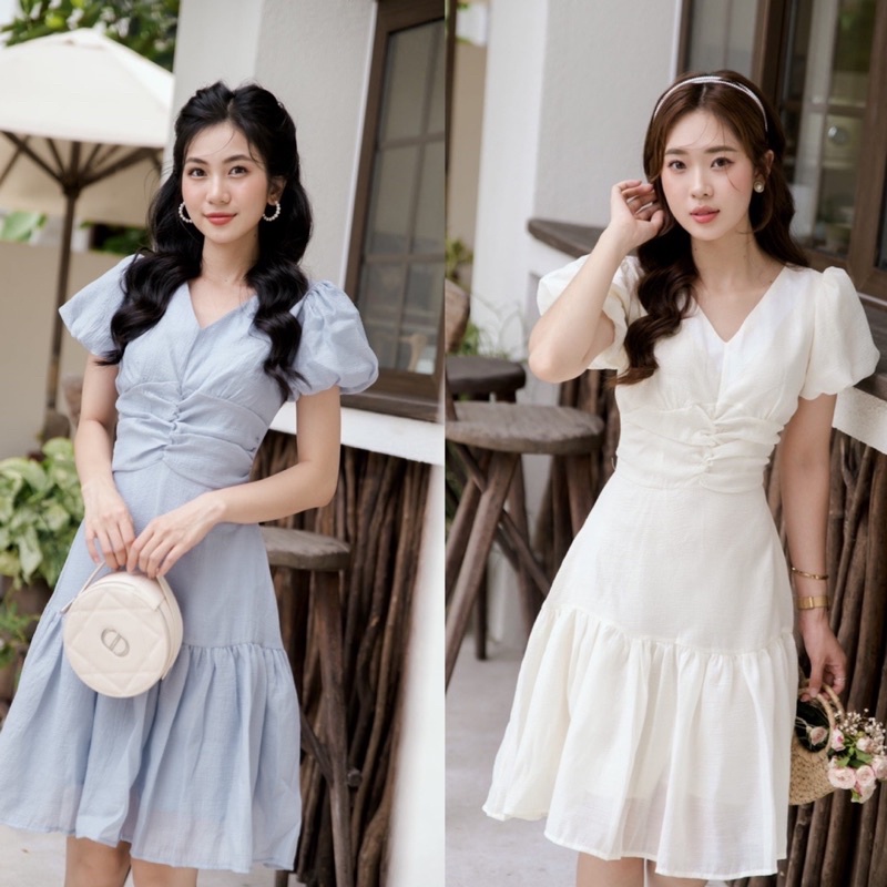 Đầm cổ tim tay phồng nhún eo đuôi cá