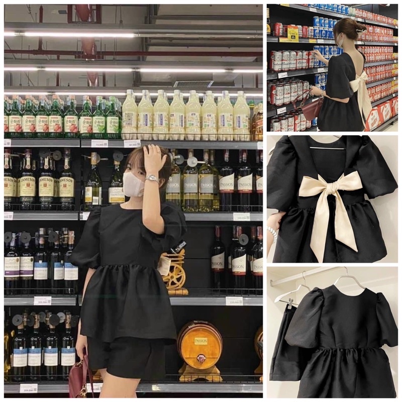 Set Áo Đen Tay Phồng Nơ Nude (Xả Kho Kèm Ảnh Thật 100%)