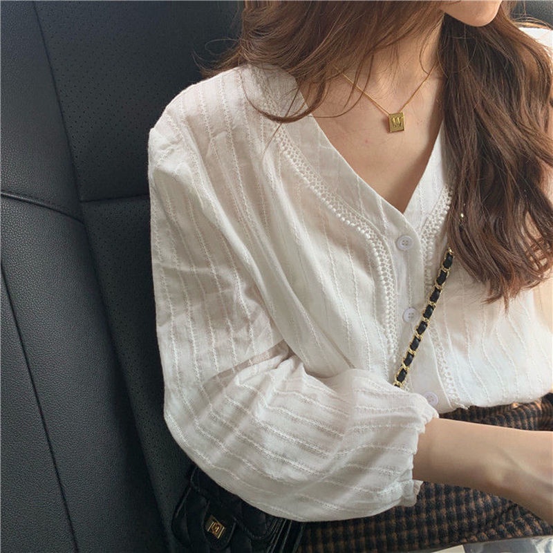 Áo sơ mi tay dài cổ chữ V bằng cotton phong cách Hàn Quốc dành cho nữ