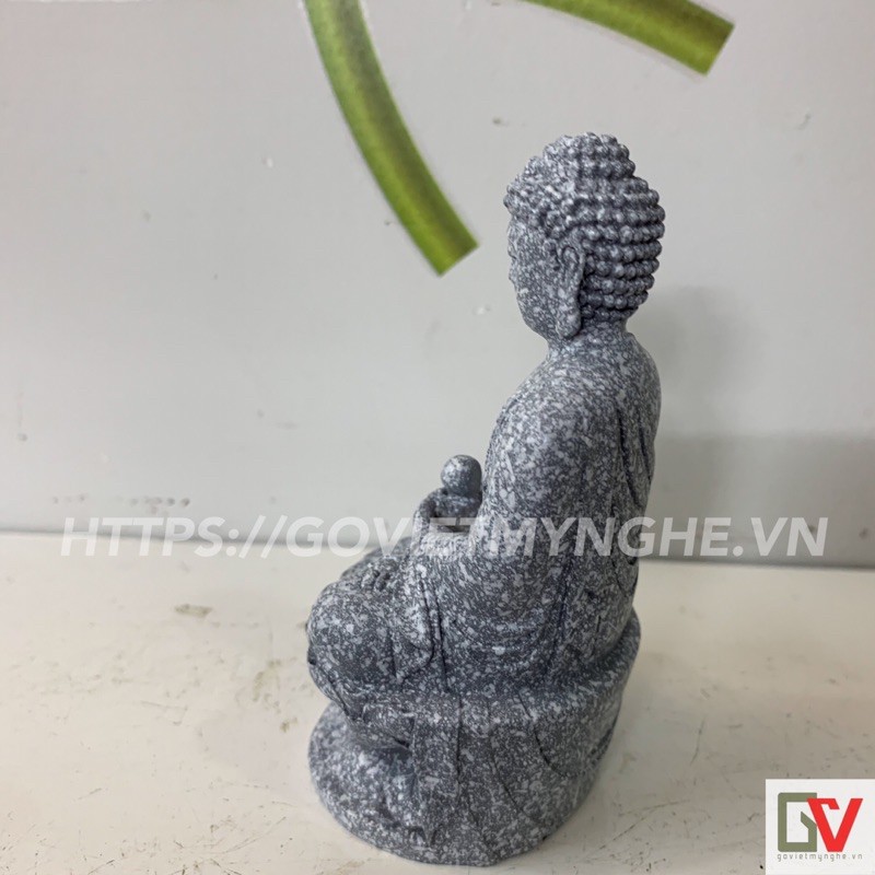 Tượng đá trang trí Đức Phật A Di Đà ngồi thiền trên tòa sen - Cao 11cm - Màu đá xám