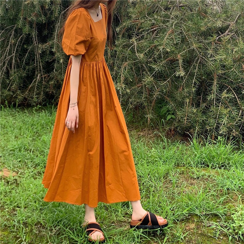 Đầm Midi Tay Phồng Cổ Vuông Thời Trang Hàn Quốc Sang Trọng Cho Nữ