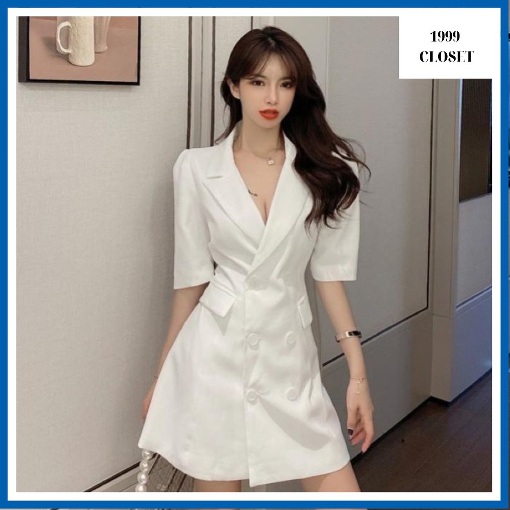 Đầm vest trắng tay lỡ tà chéo phong cách sang trọng