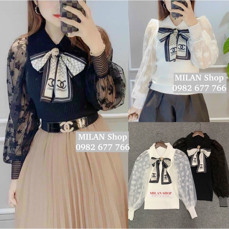 Áo len cổ bẻ dài tay von kèm khăn lụa chanh sả