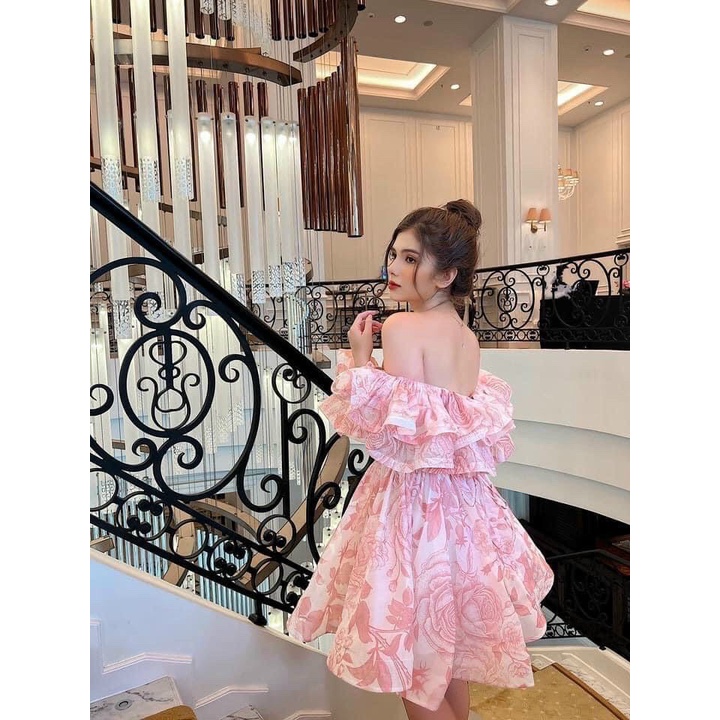 Đầm Xòe Voan Hoa Trễ Vai Bánh Bèo, Đầm Hoa Bèo Bẹt Vai Siêu Xinh Có Mút Ngực