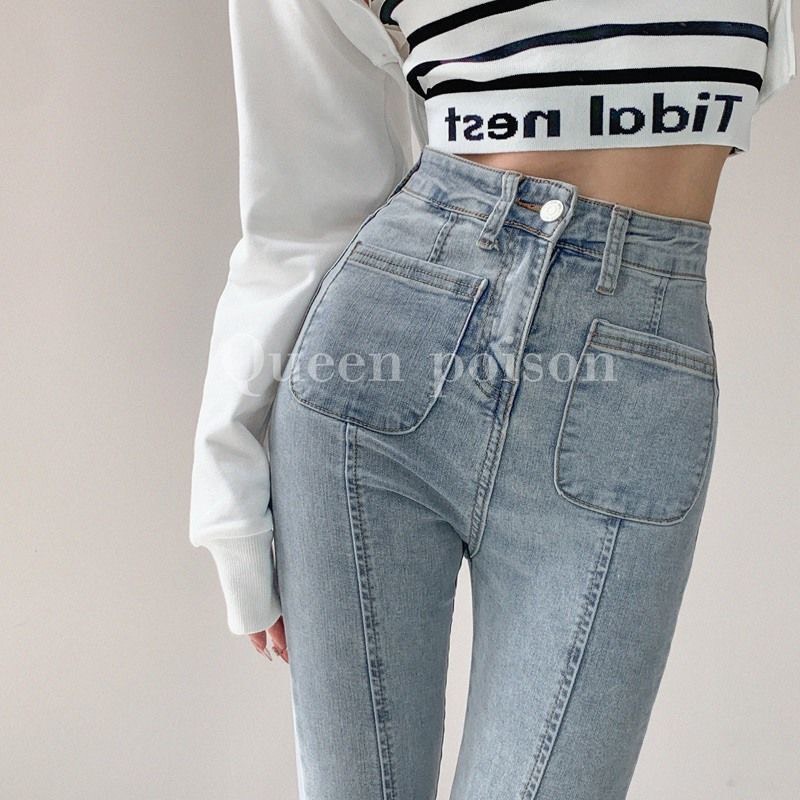 Quần jean ống loe nữ màu xanh nhạt lưng cao cách điệu túi vuông co giãn nhẹ order QJOL004 SẴN