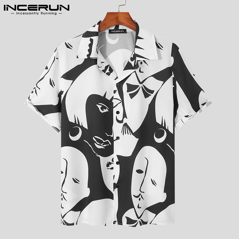 Áo sơ mi INCERUN tay ngắn cổ lật họa tiết nghệ thuật thời trang dành cho nam