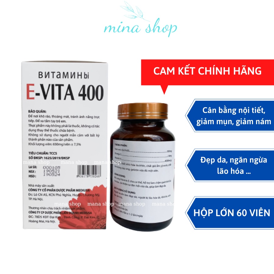 Vitamin E đỏ E-VITA 400 MED USA, giúp làm đẹp da, sáng da, chống oxy hóa, căn bằng nội tiết tố, hộp 60 viên